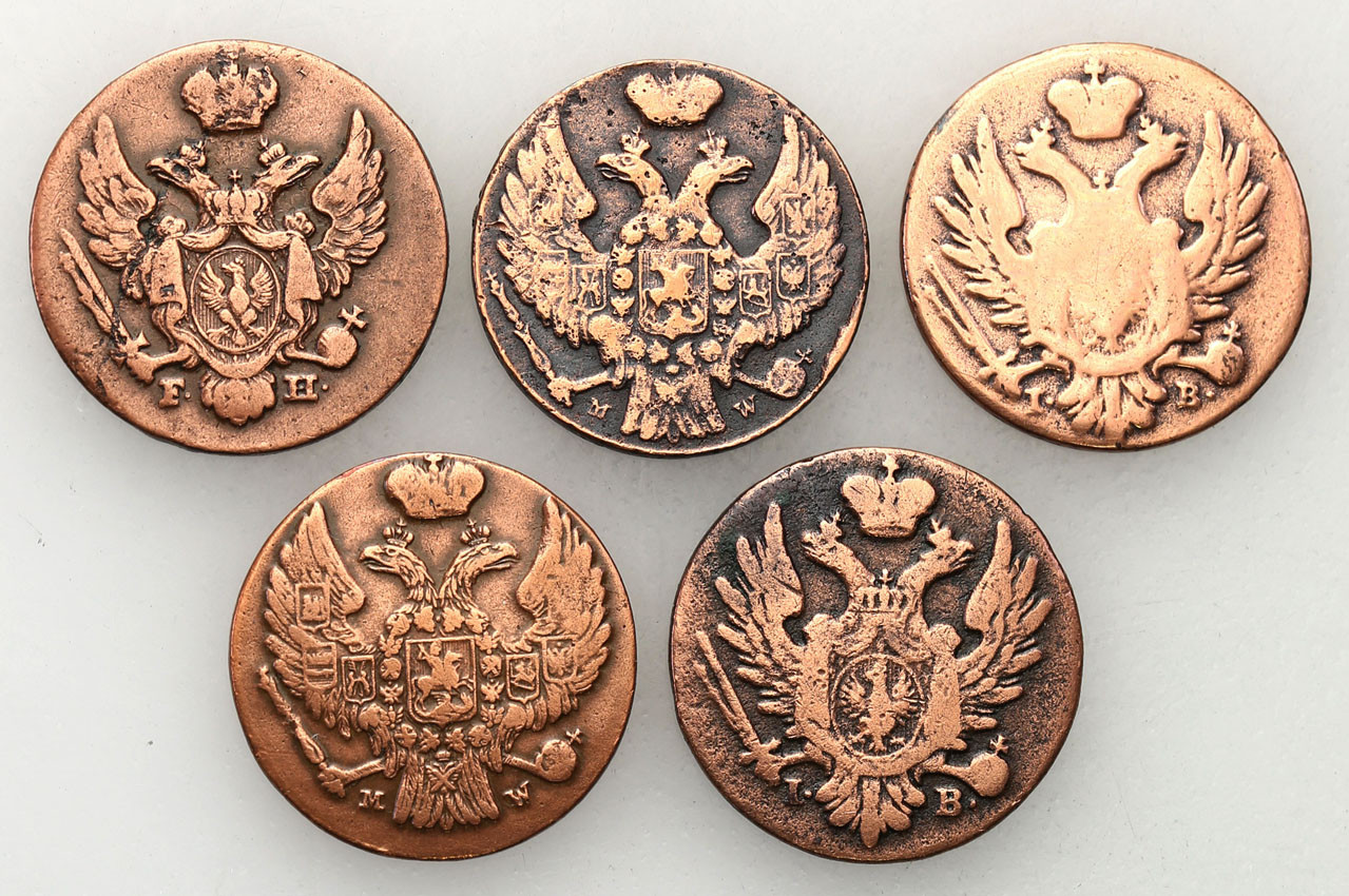 Polska XIX w./Rosja. Aleksander I, Mikołaj I. Grosz 1823 - 1840 MW, Warszawa, zestaw 5 monet